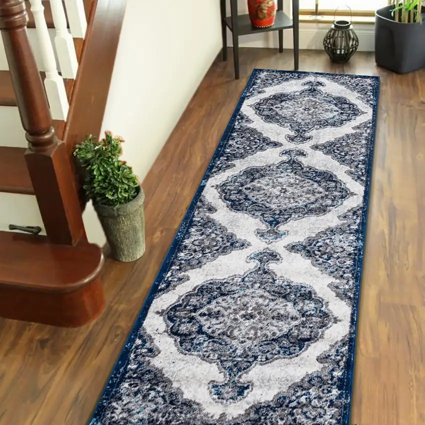 10' Navy Blue Medallion Power Loom Runner Rug Photo 4