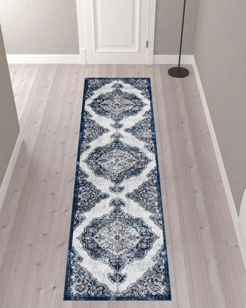10' Navy Blue Medallion Power Loom Runner Rug Photo 3