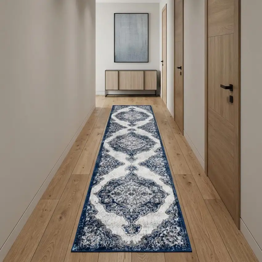10' Ivory Gray And Blue Medallion Runner Rug Photo 1
