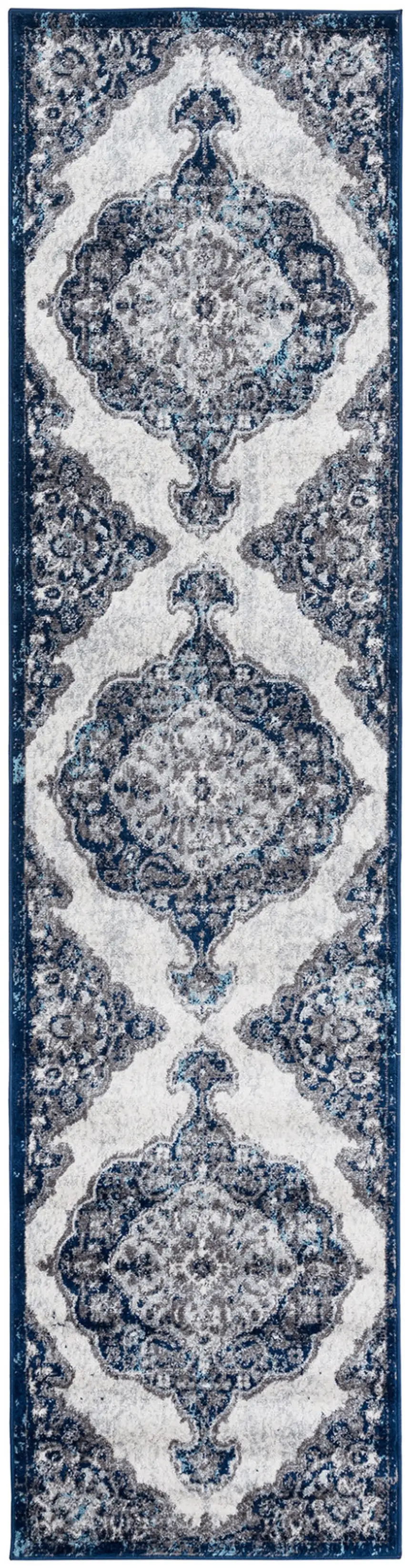 10' Navy Blue Medallion Power Loom Runner Rug Photo 1