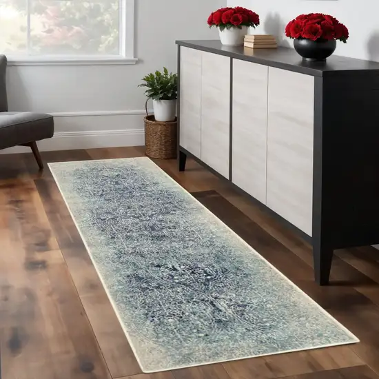 8' Navy Blue And Ivory Medallion Distressed Runner Rug Photo 1