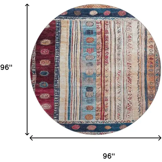 8' Navy Blue Merlot And Ivory Striped Washable Round Rug With UV Protection Photo 9