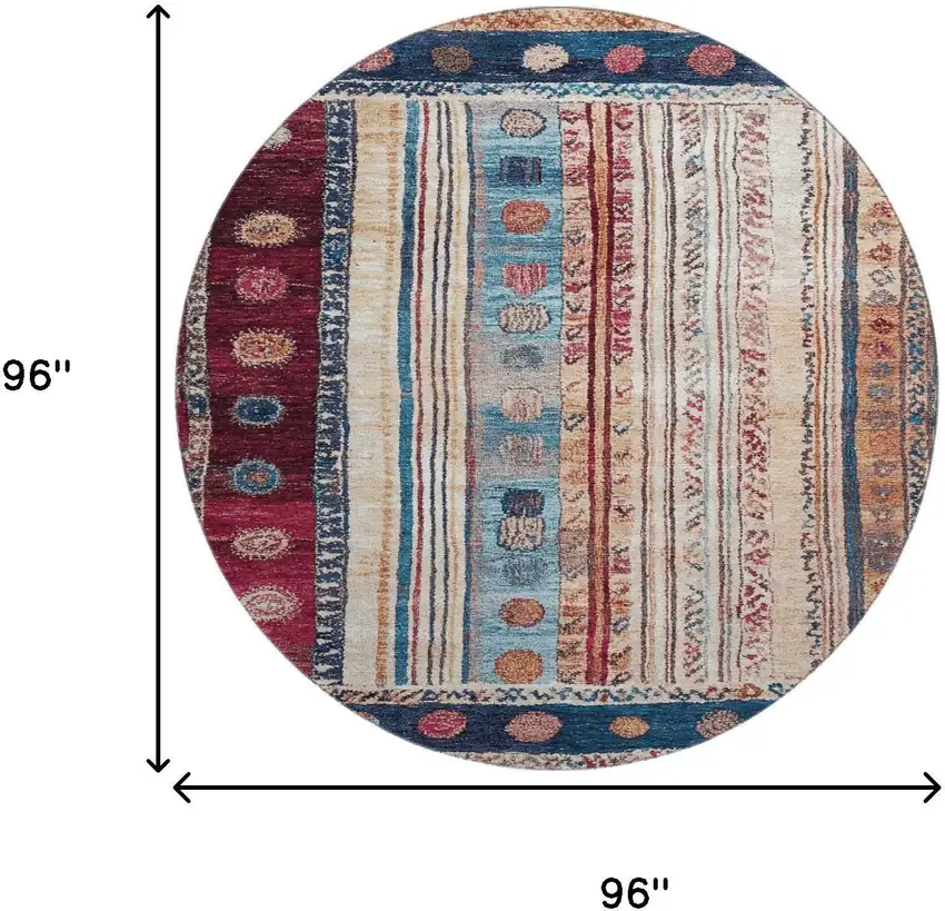8' Navy Blue Merlot And Ivory Striped Washable Round Rug With UV Protection Photo 9