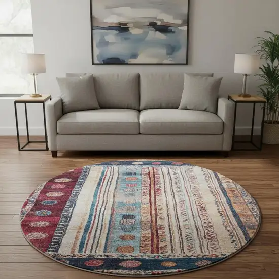 8' Navy Blue Merlot And Ivory Striped Washable Round Rug With UV Protection Photo 2