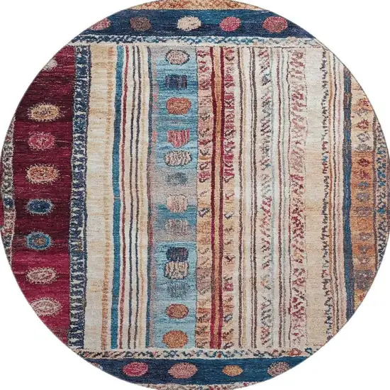 8' Navy Blue Merlot And Ivory Striped Washable Round Rug With UV Protection Photo 3