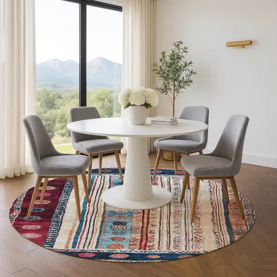 8' Navy Blue Merlot And Ivory Striped Washable Round Rug With UV Protection Photo 5