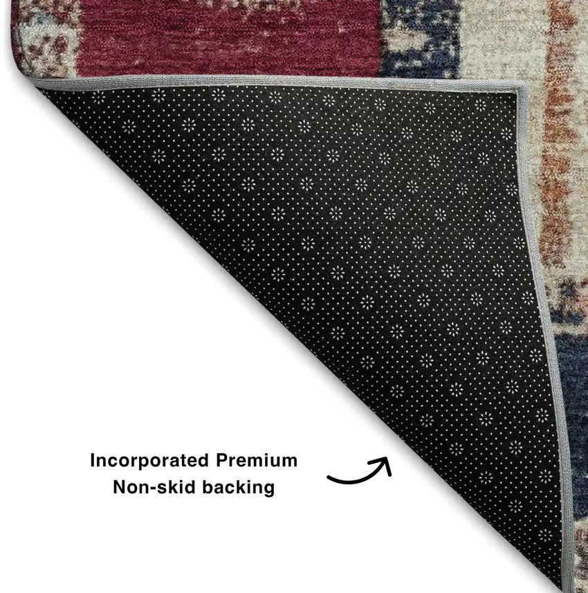 8' Navy Blue Merlot And Ivory Striped Washable Round Rug With UV Protection Photo 6