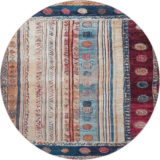 8' Navy Blue Merlot And Ivory Striped Washable Round Rug With UV Protection Photo 4