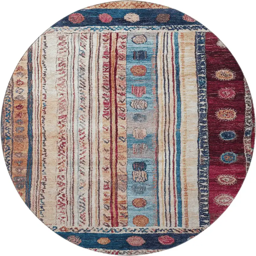 8' Navy Blue Merlot And Ivory Striped Washable Round Rug With UV Protection Photo 4