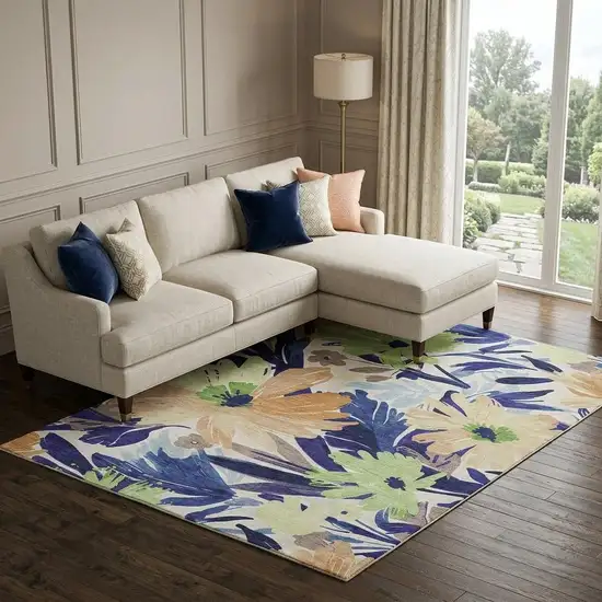 8' Navy Blue Mint Green And Copper Floral Washable Area Rug With UV Protection Photo 1