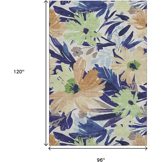 8' Navy Blue Mint Green And Copper Floral Washable Area Rug With UV Protection Photo 6