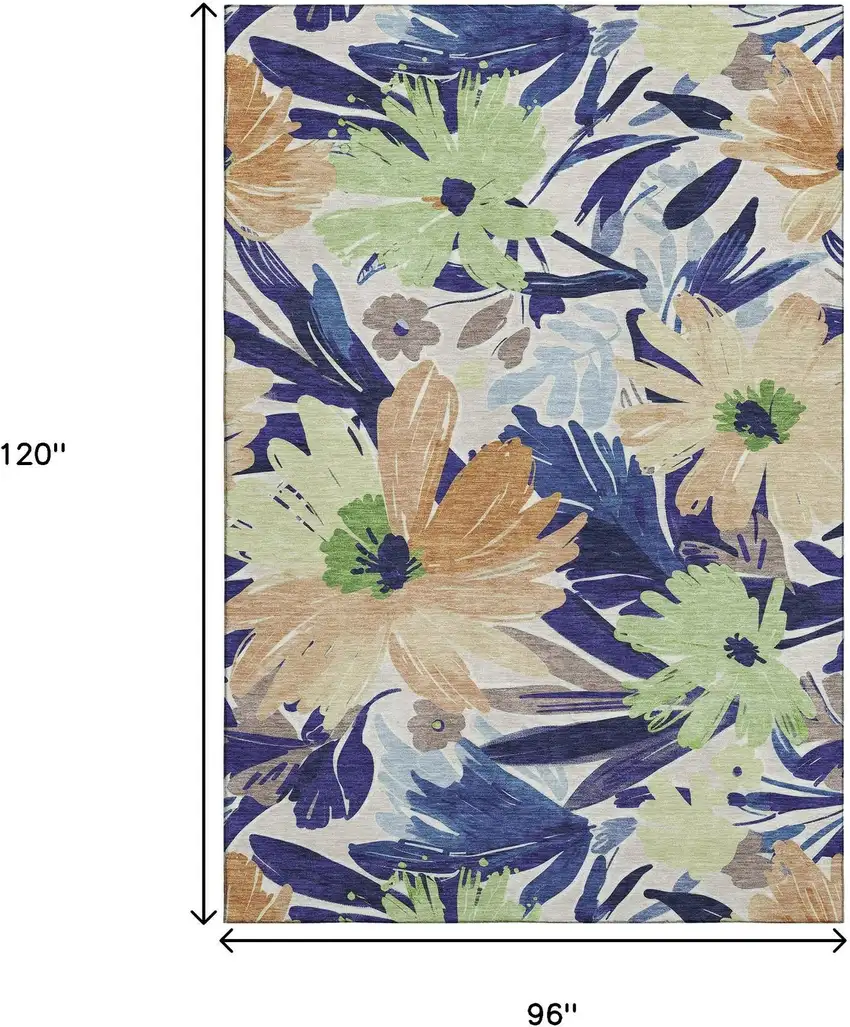8' Navy Blue Mint Green And Copper Floral Washable Area Rug With UV Protection Photo 6