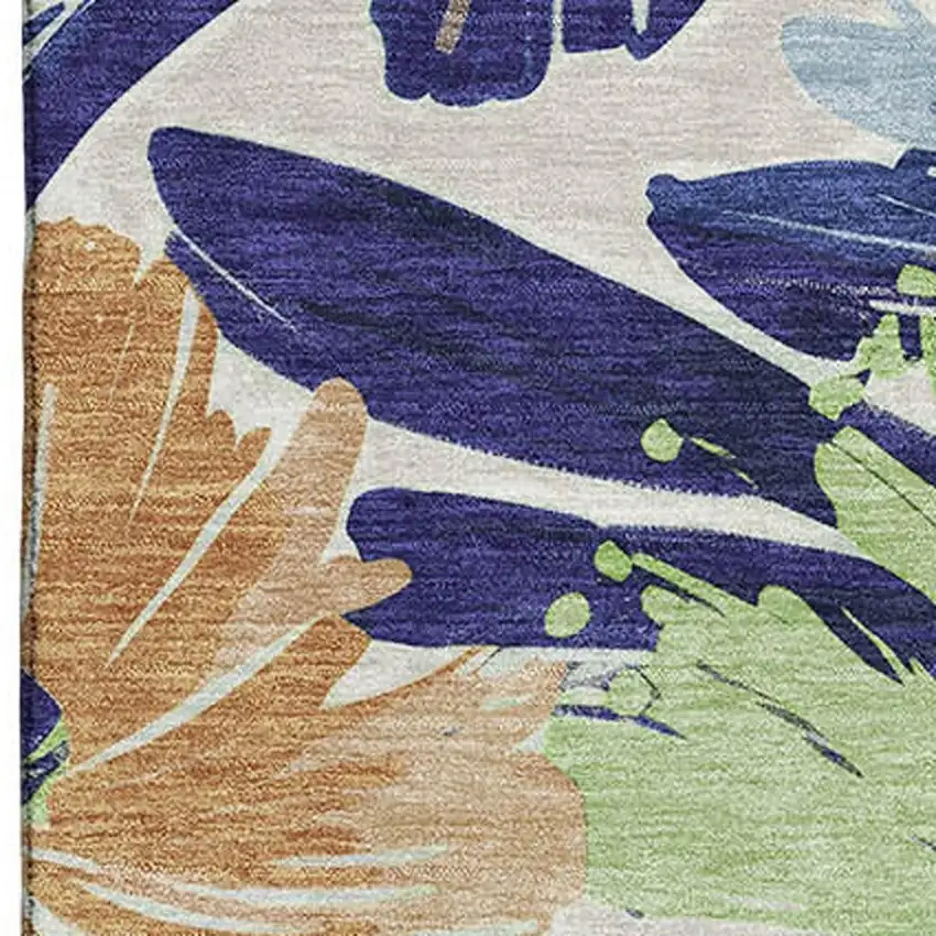 8' Navy Blue Mint Green And Copper Floral Washable Area Rug With UV Protection Photo 2