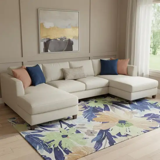 8' Navy Blue Mint Green And Copper Floral Washable Area Rug With UV Protection Photo 2