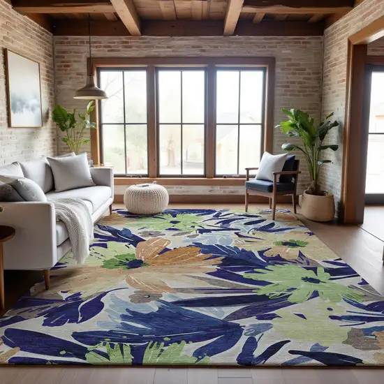 8' Navy Blue Mint Green And Copper Floral Washable Area Rug With UV Protection Photo 5