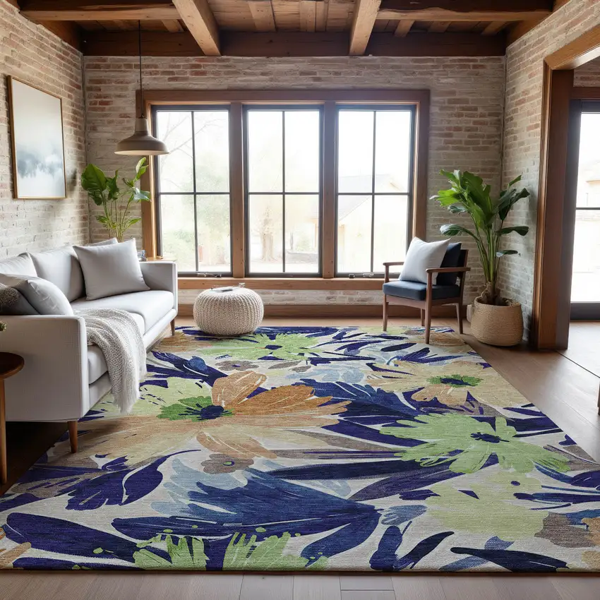 8' Navy Blue Mint Green And Copper Floral Washable Area Rug With UV Protection Photo 5