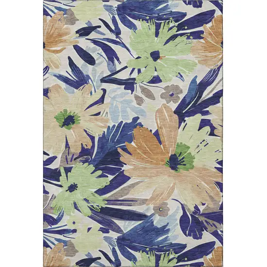 8' Navy Blue Mint Green And Copper Floral Washable Area Rug With UV Protection Photo 4