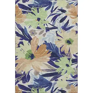 Photo of 8' Navy Blue Mint Green And Copper Floral Washable Area Rug With UV Protection