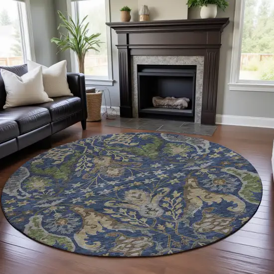 8' Navy Blue Olive Green And Brown Floral Washable Round Rug With UV Protection Photo 4