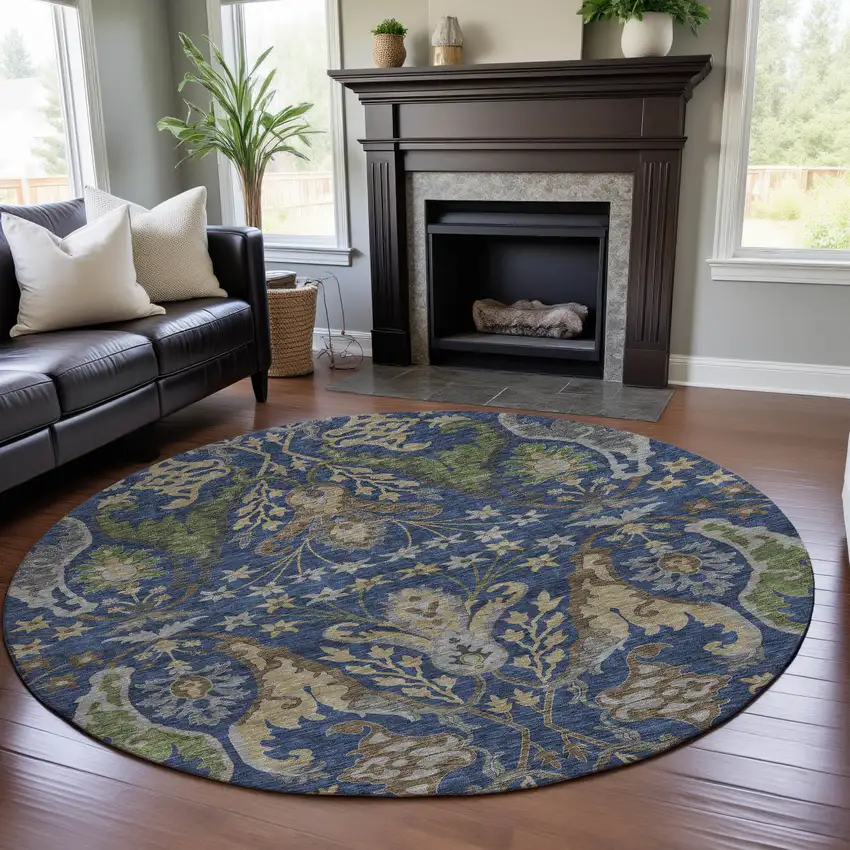 8' Navy Blue Olive Green And Brown Floral Washable Round Rug With UV Protection Photo 4