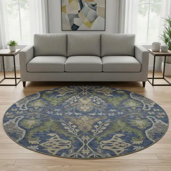 8' Navy Blue Olive Green And Brown Floral Washable Round Rug With UV Protection Photo 2