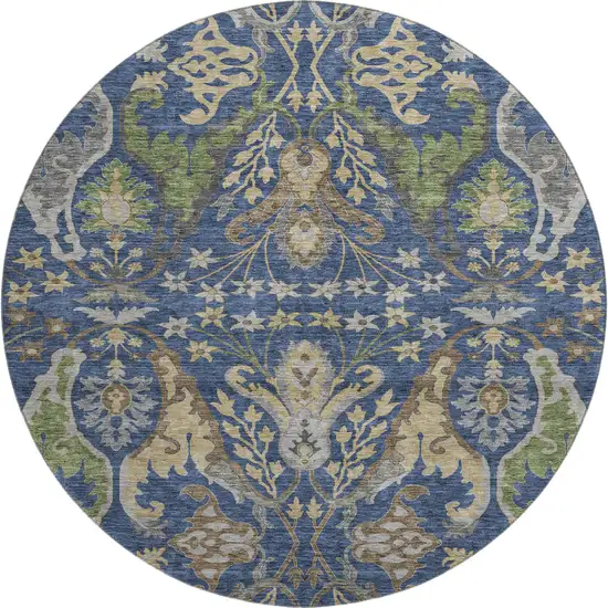 8' Navy Blue Olive Green And Brown Floral Washable Round Rug With UV Protection Photo 1