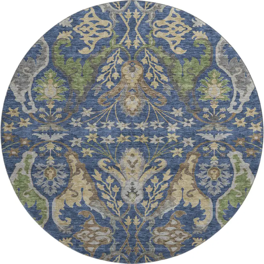 8' Navy Blue Olive Green And Brown Floral Washable Round Rug With UV Protection Photo 1
