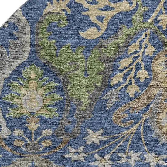 8' Navy Blue Olive Green And Brown Floral Washable Round Rug With UV Protection Photo 2