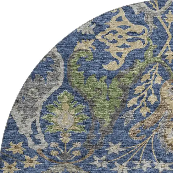 8' Navy Blue Olive Green And Brown Floral Washable Round Rug With UV Protection Photo 3