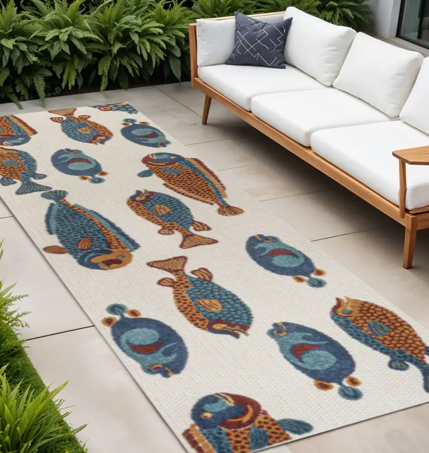 8' Navy Blue Orange And Cream Animal Print Indoor Outdoor Runner Rug Photo 1