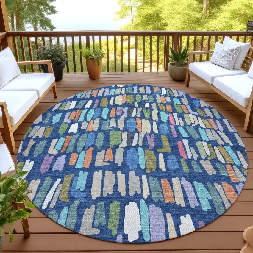 8' Navy Blue Orange And Green Round Striped Washable Indoor Outdoor Area Rug Photo 4