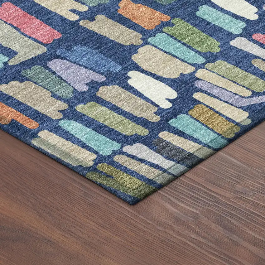 8' Navy Blue Orange And Green Round Striped Washable Indoor Outdoor Area Rug Photo 8