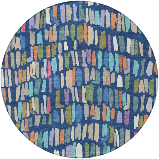 8' Navy Blue Orange And Green Round Striped Washable Indoor Outdoor Area Rug Photo 3