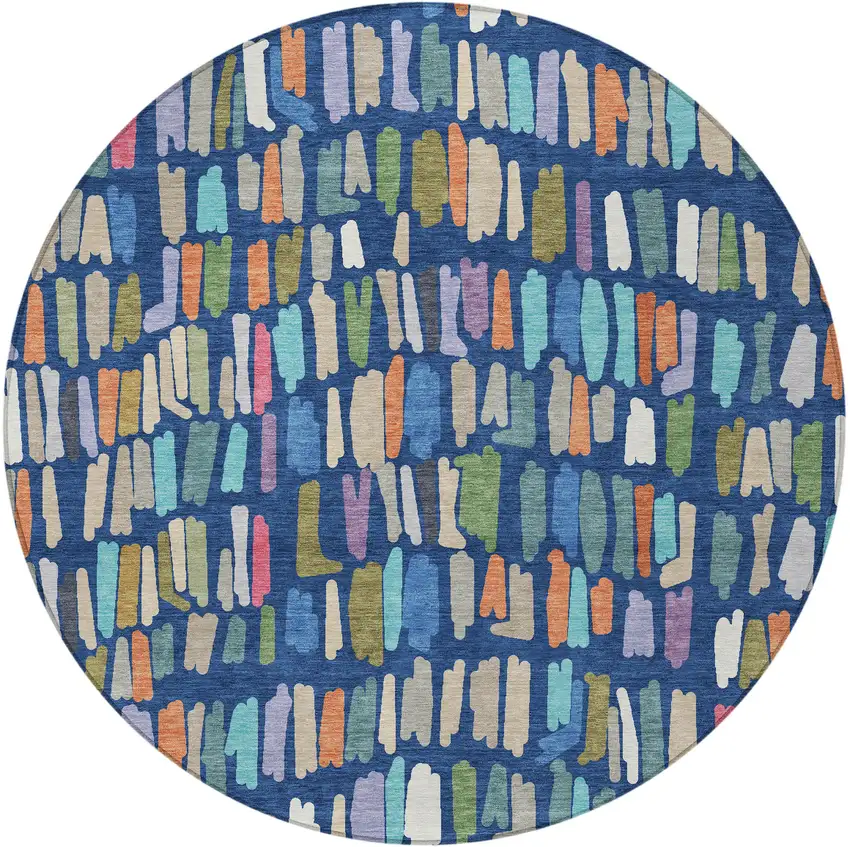 8' Navy Blue Orange And Green Round Striped Washable Indoor Outdoor Area Rug Photo 3