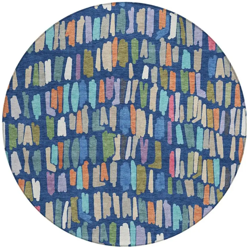 8' Navy Blue Orange And Green Round Striped Washable Indoor Outdoor Area Rug Photo 2