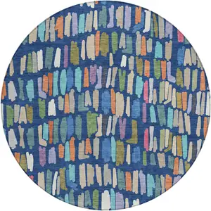 Photo of 8' Navy Blue Orange And Green Round Striped Washable Indoor Outdoor Area Rug