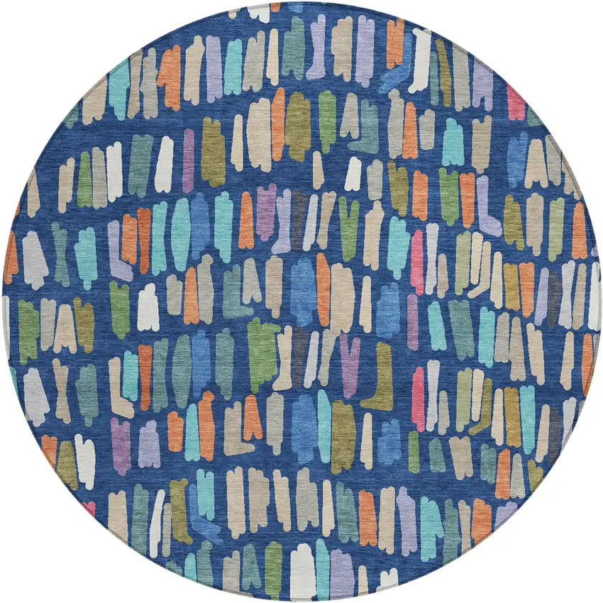 8' Navy Blue Orange And Green Round Striped Washable Indoor Outdoor Area Rug Photo 1
