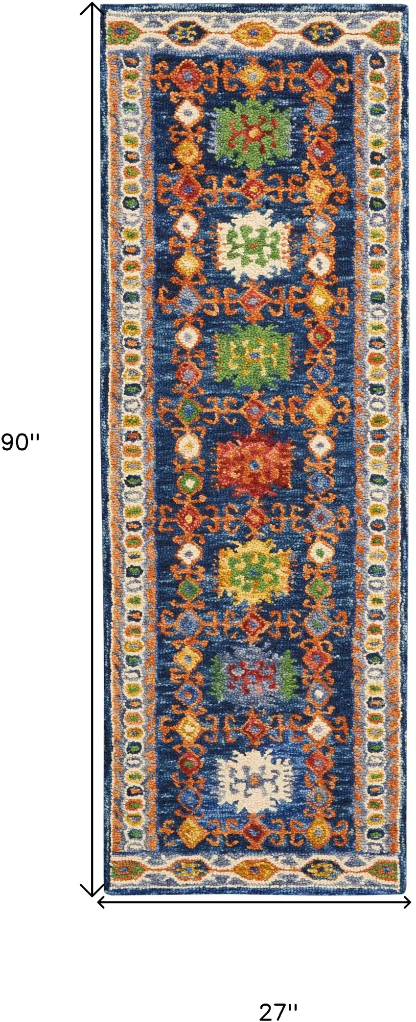 8' Navy Blue Orange And Green Wool Floral Hand Tufted Distressed Runner Rug Photo 3