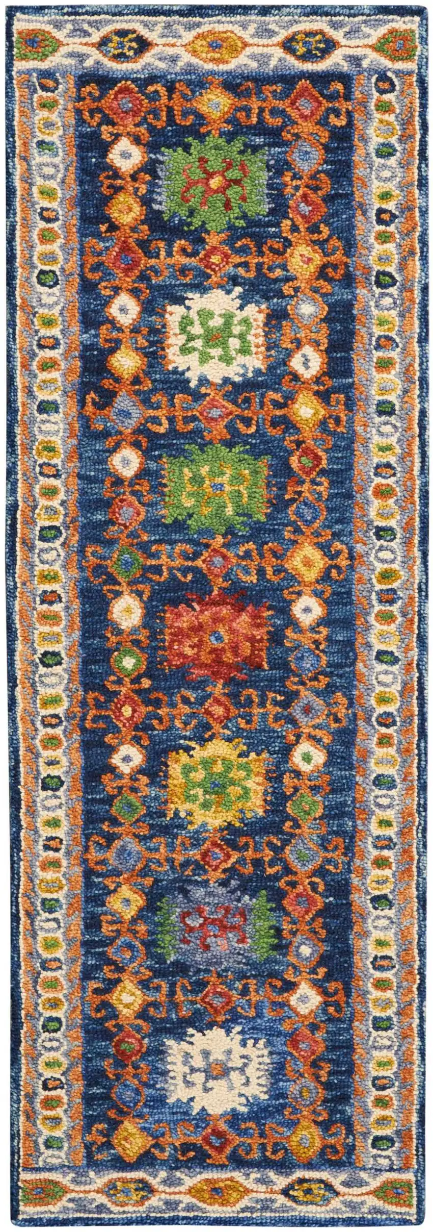 8' Navy Blue Orange And Green Wool Floral Hand Tufted Distressed Runner Rug Photo 2