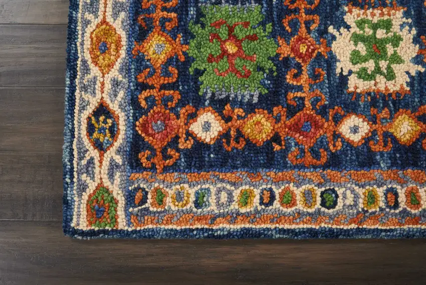 8' Navy Blue Orange And Green Wool Floral Hand Tufted Distressed Runner Rug Photo 7