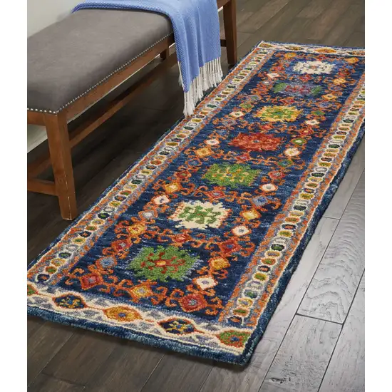 8' Navy Blue Orange And Green Wool Floral Hand Tufted Distressed Runner Rug Photo 8