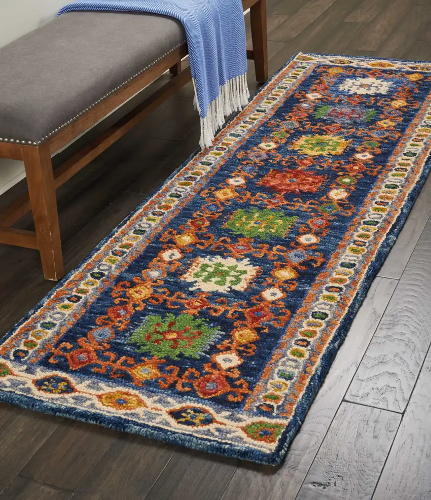 8' Navy Blue Orange And Green Wool Floral Hand Tufted Distressed Runner Rug Photo 8