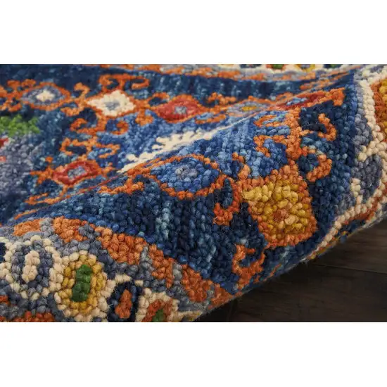8' Navy Blue Orange And Green Wool Floral Hand Tufted Distressed Runner Rug Photo 4