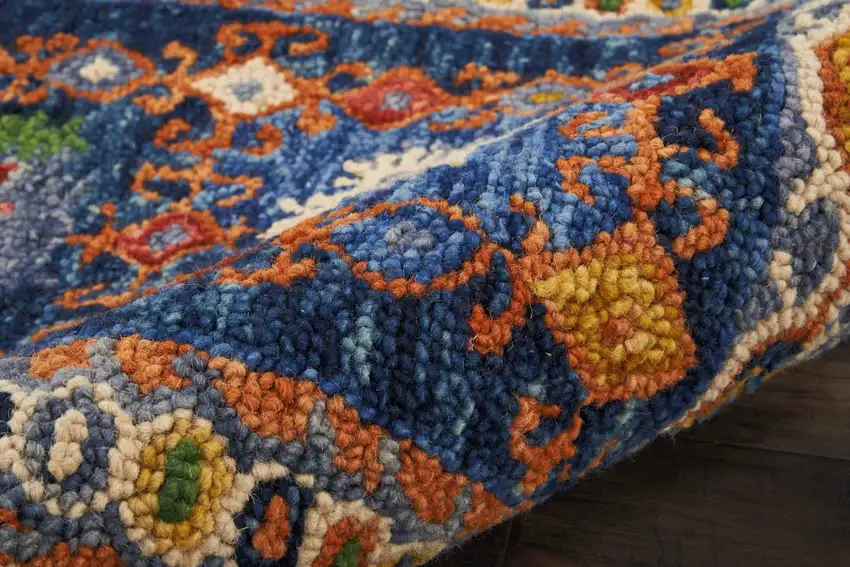 8' Navy Blue Orange And Green Wool Floral Hand Tufted Distressed Runner Rug Photo 4