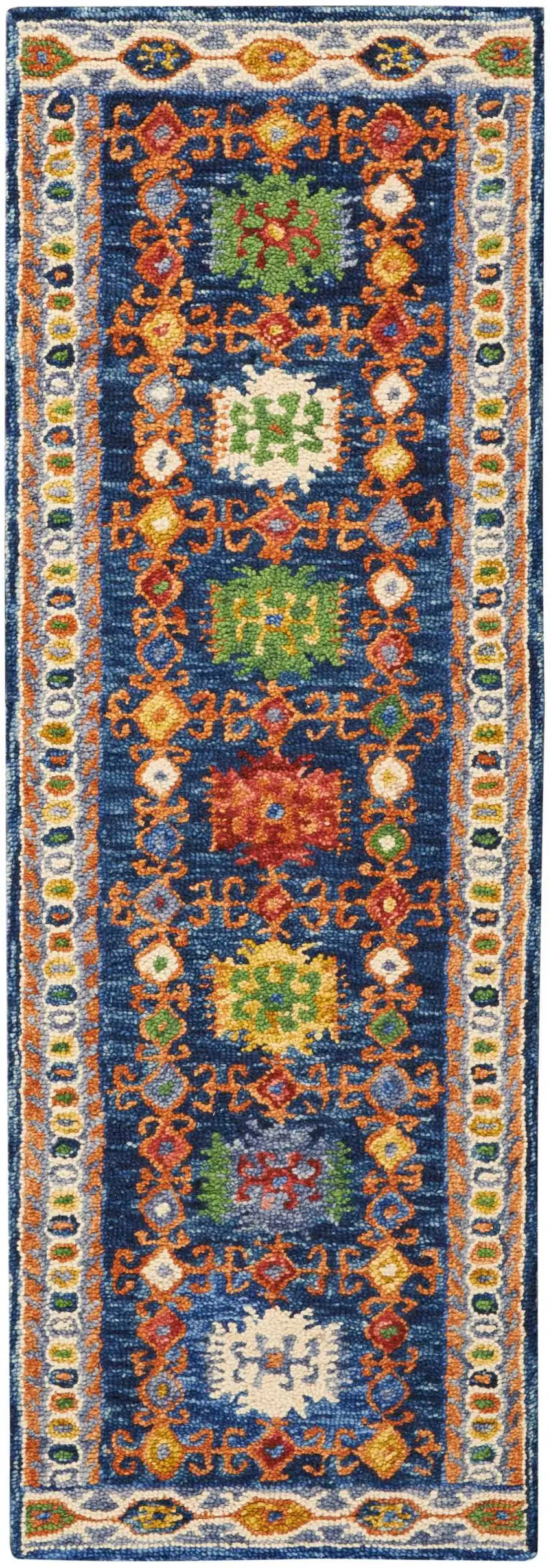 8' Navy Blue Orange And Green Wool Floral Hand Tufted Distressed Runner Rug Photo 6