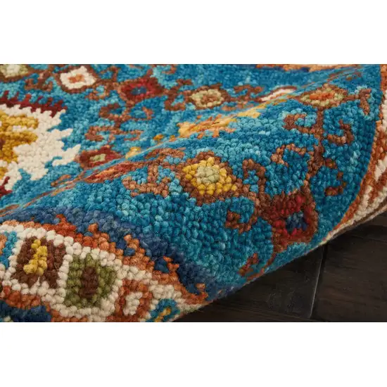 8' Navy Blue Orange And Green Wool Floral Hand Tufted Distressed Runner Rug Photo 4