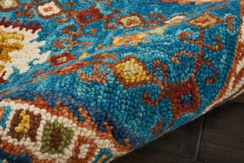 8' Navy Blue Orange And Green Wool Floral Hand Tufted Distressed Runner Rug Photo 4