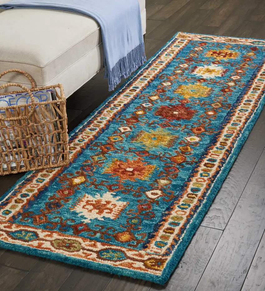 8' Navy Blue Orange And Green Wool Floral Hand Tufted Distressed Runner Rug Photo 8