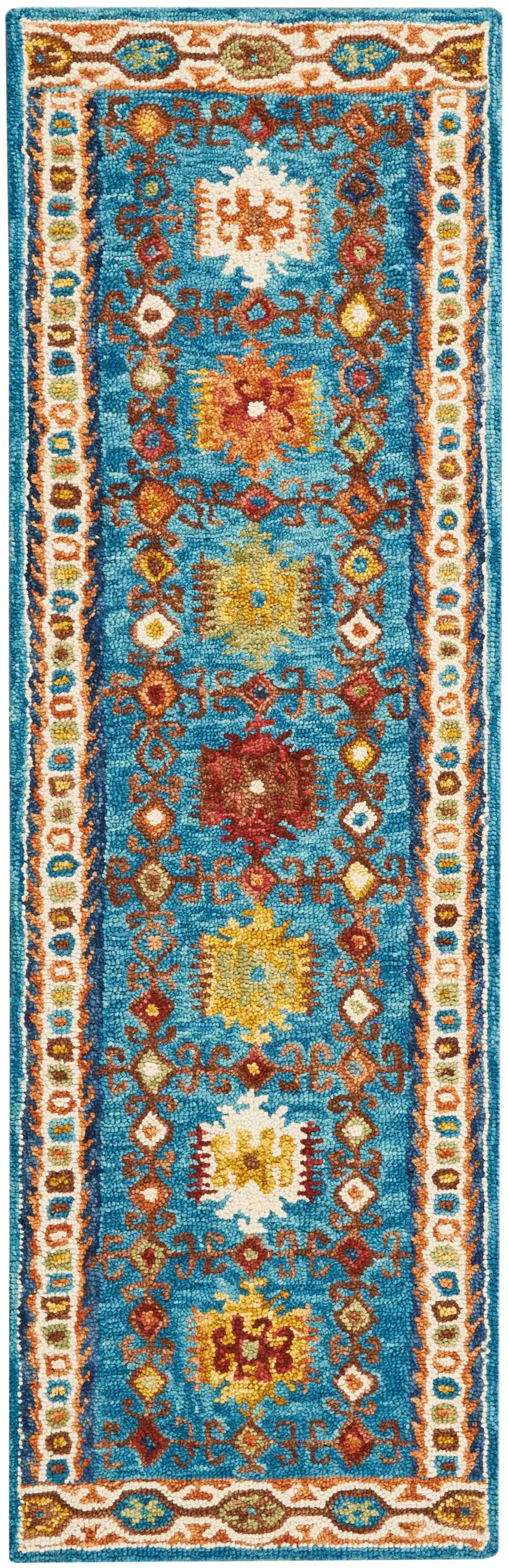 8' Navy Blue Orange And Green Wool Floral Hand Tufted Distressed Runner Rug Photo 2