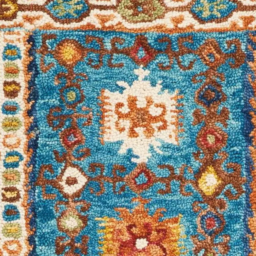 8' Navy Blue Orange And Green Wool Floral Hand Tufted Distressed Runner Rug Photo 3